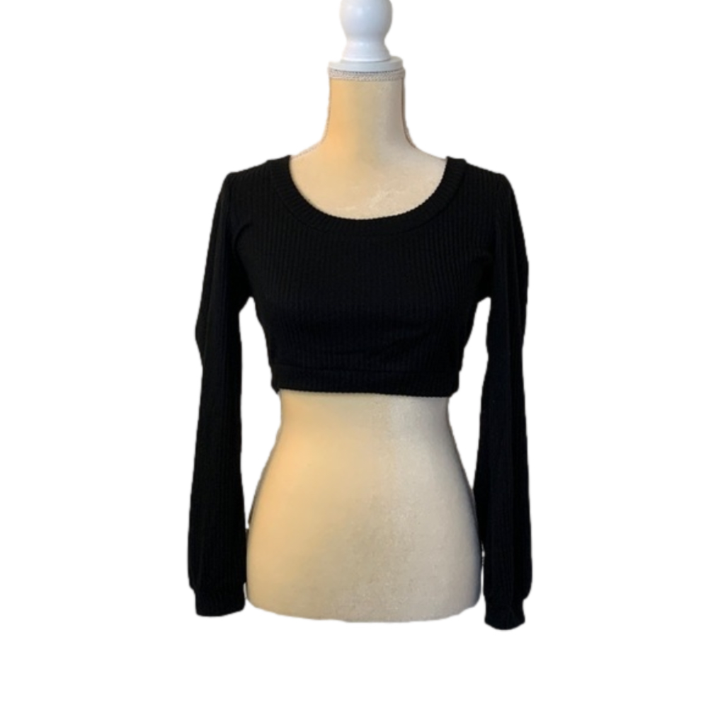 City Studio Black Crew Ribbed Long Sleeve Crop Top